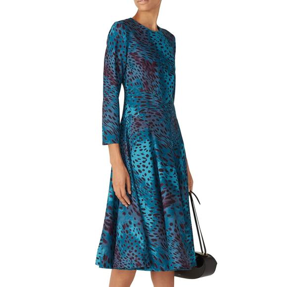 Natori Leopard Fit Flare Midi Dress Teal MEDIUM Career Modest Animal Print $398 - Picture 2 of 11